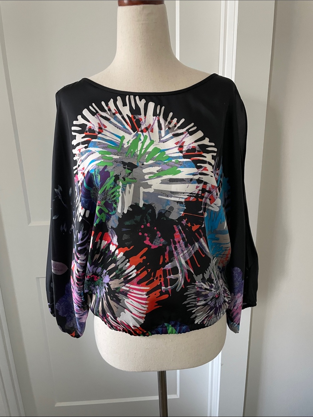 BCBGMaxAzria Black Floral Burst Long-Sleeve Blouse with Multicolor Print